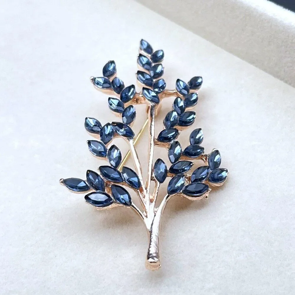 Rose Gold with Blue Sapphire Crystal Tree Branch with Leaves Pin Back Brooch